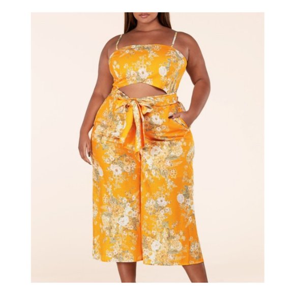 CURVY PLUS  MARIGOLD FLORAL CUTOUT JUMPSUIT - Picture 1 of 7